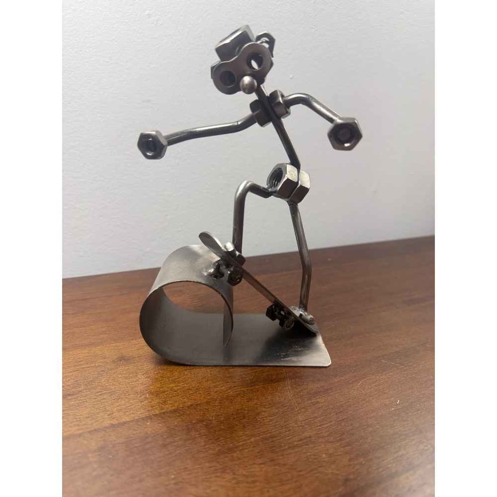Handmade Metal Nut and Bolt Skateboarder Sculpture Industrial Art Figurine